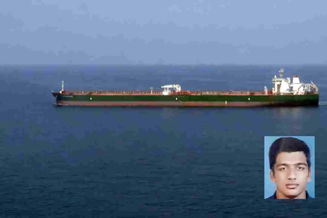 Advantage Sweet oil tanker before being seized by Iran's Navy, Edwin Puthussery (inset) | Photo: AFP, Mathrubhumi