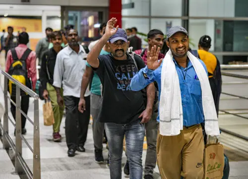 Indian nationals evacuated from violence-hit Sudan under Operation Kaveri, on their arrival at the IGI Airport in New Delhi, Wednesday, April 26, 2023 | Photo: PTI Photo