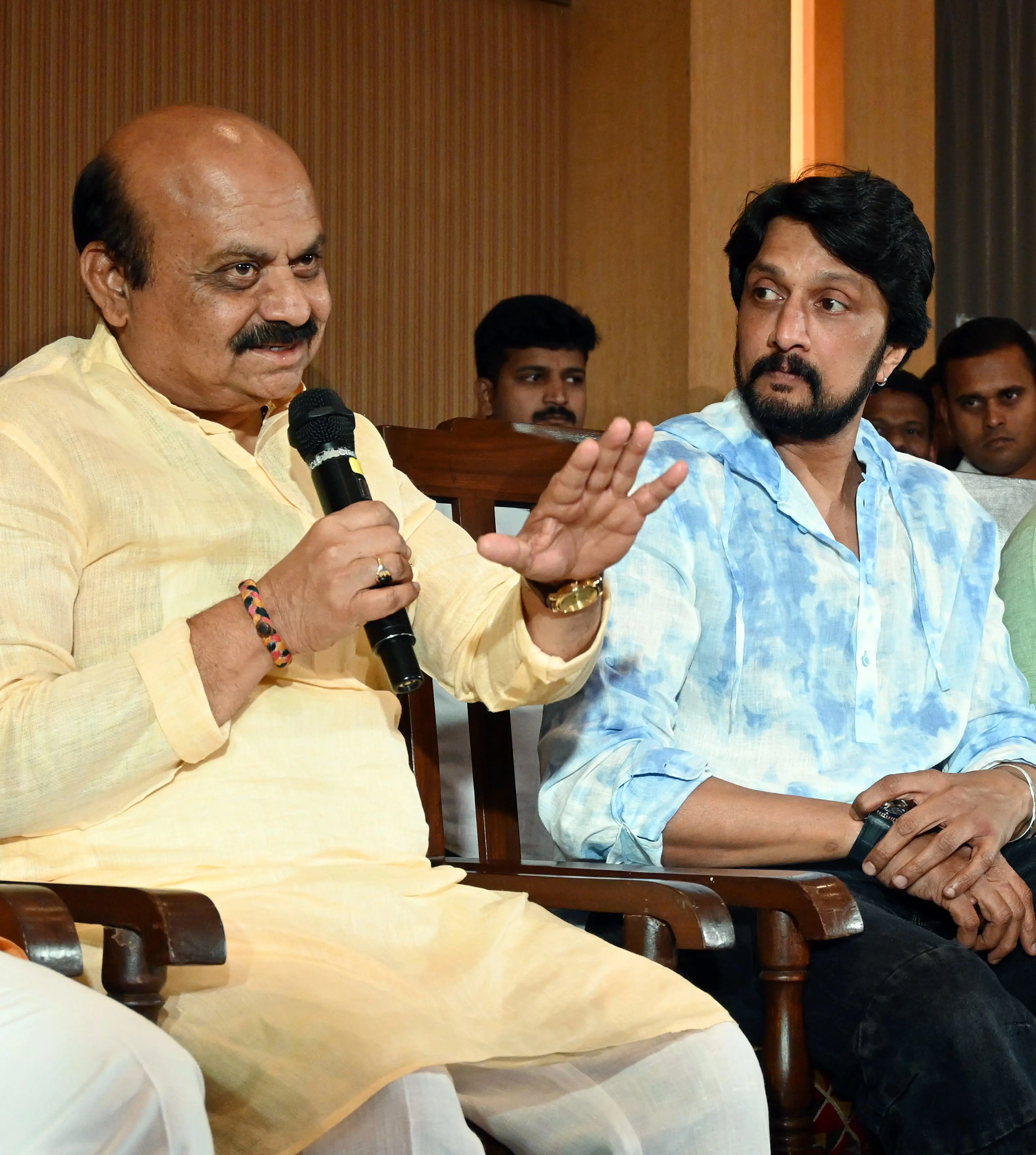Karnataka Chief Minister Basavaraj Bommai and actor Kichcha Sudeep address a press conference in Bengaluru | Photo: ANI
