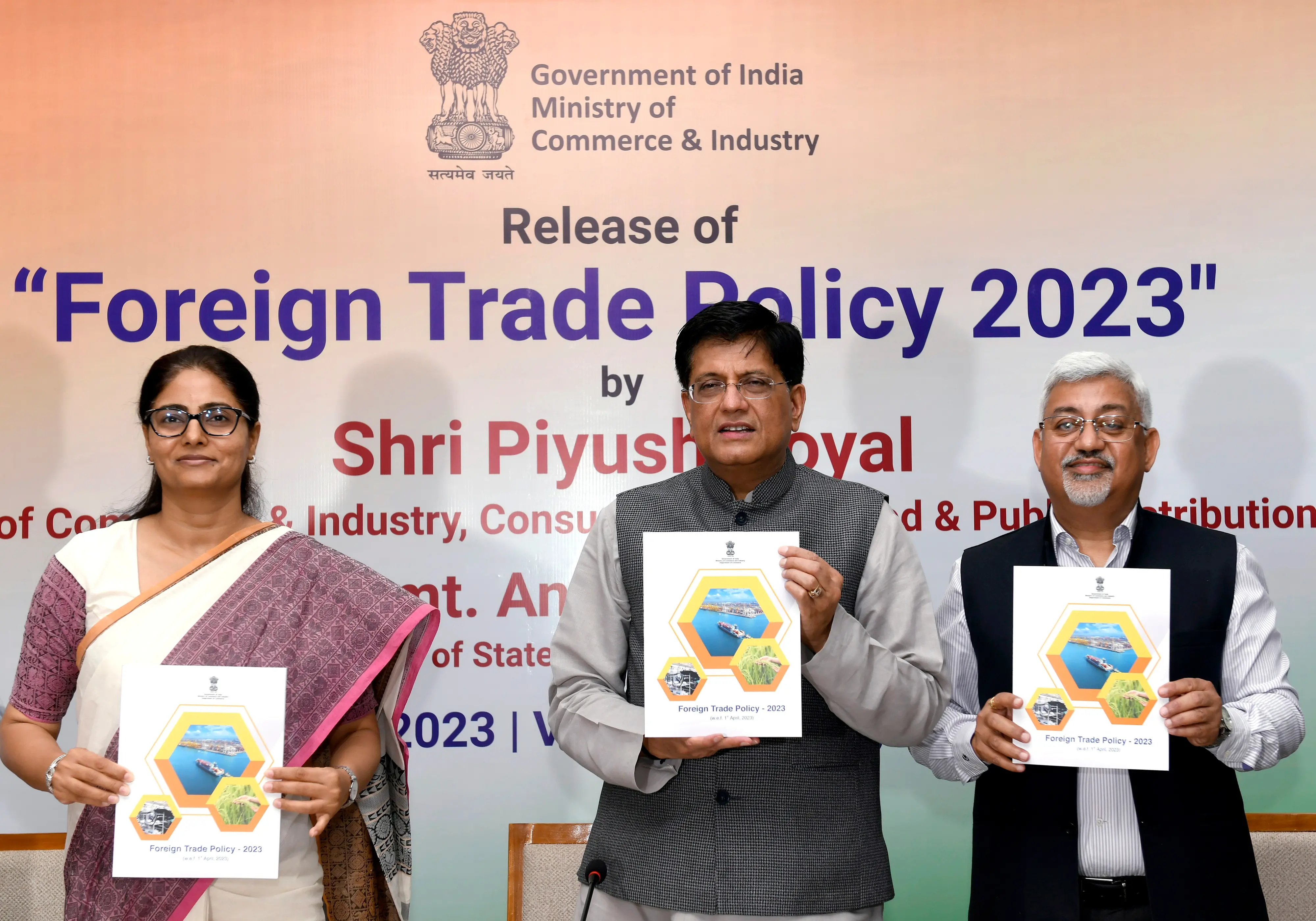 Union Minister for Commerce and Industry Piyush Goyal with Union Minister of State for Commerce and Industry Anupriya Patel and Commerce Secretary Sunil Barthwal releases the Foreign Trade Policy 2023 | Photo: ANI