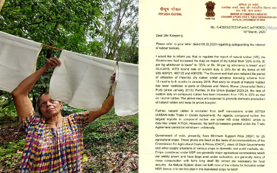 File photo of a Kerala rubber farmer; image of the letter from Piyush Goyal | Photos: Mathrubhumi, CPM
