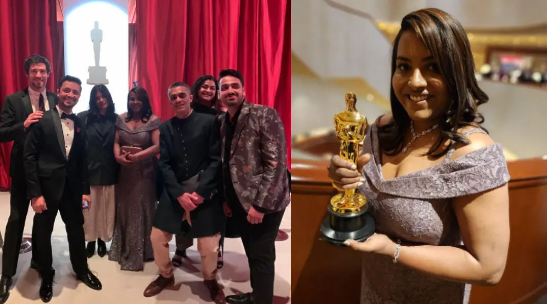 Left: Aswathi with crew members; Right: Aswathi with the Oscar award | Photo: Special Arrangement