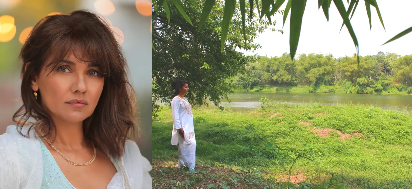Suleka Mathew (Photo: Colin Stark) - Suleka on the banks of river Pamba, during her visit to Kerala (Photo: Liz)