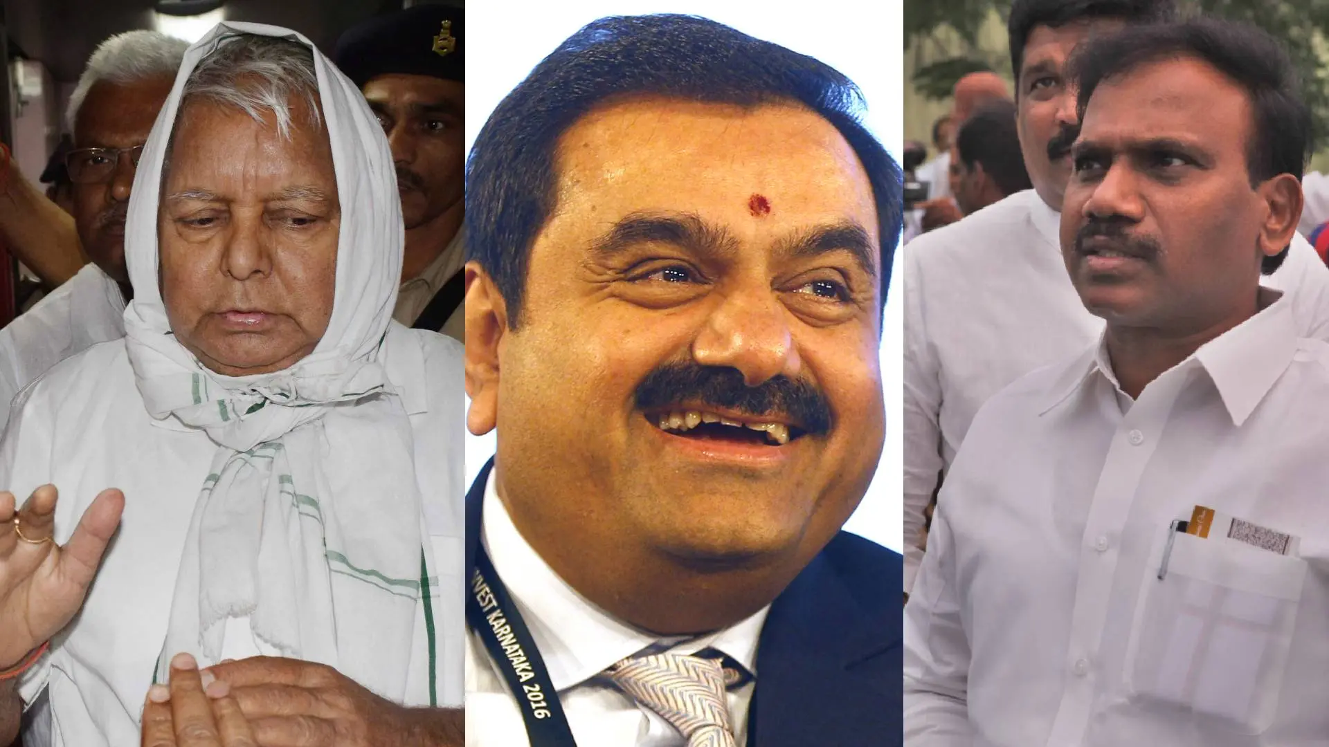 Lalu Prasad Yadav, Gautam Adani, A Raja | Photo: PTI, AP, Mathrubhumi