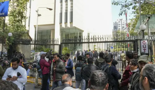 Media personnel outside the BBC office amid a survey operation conducted by Income Tax Department officials as part of a tax evasion investigation, at KG Marg in New Delhi, Tuesday, Feb. 14, 2023 | Photo: PTI