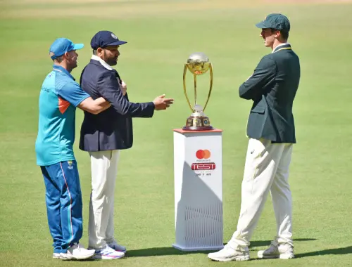 Rohit Sharma, David Warner and Pat Cummins with Border Gavaskar Trophy | ANI