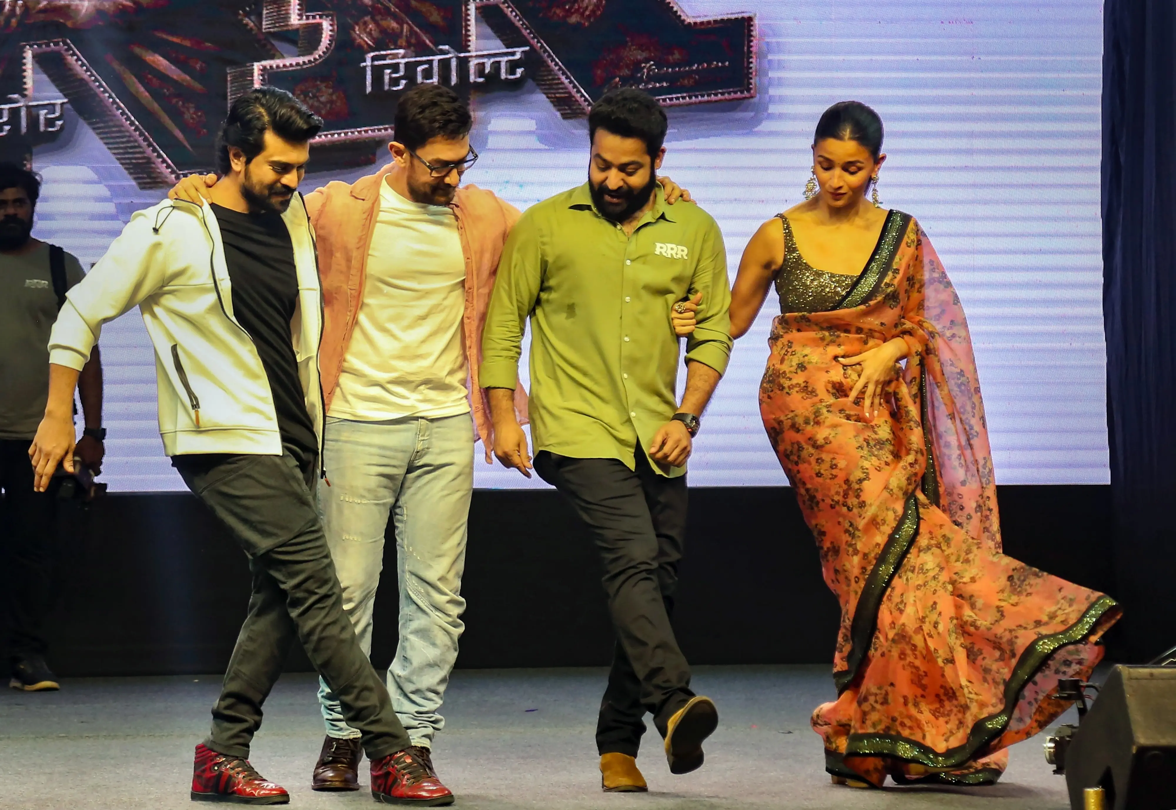 Aamir Khan, N.T. Rama Rao Jr., Ram Charan and Alia Bhatt during a promotional event for the upcoming film 'RRR', in New Delhi. Photo:PTI