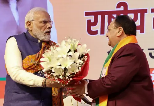 Prime Minister Narendra Modi congratulates BJP national president JP Nadda as his term as party chief extended till June 2024 during the second day of Bharatiya Janata Party (BJP) National Executive Meeting, at NDMC Convention Center, in New Delhi on Tuesday | Photo: ANI