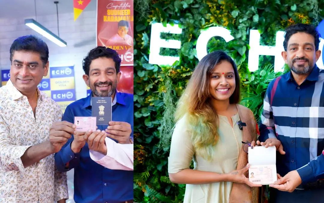 Sithara Krishnakumar and Sudheer Karamana receiving the Golden Visa from Iqbal Marconi | Photo: PR