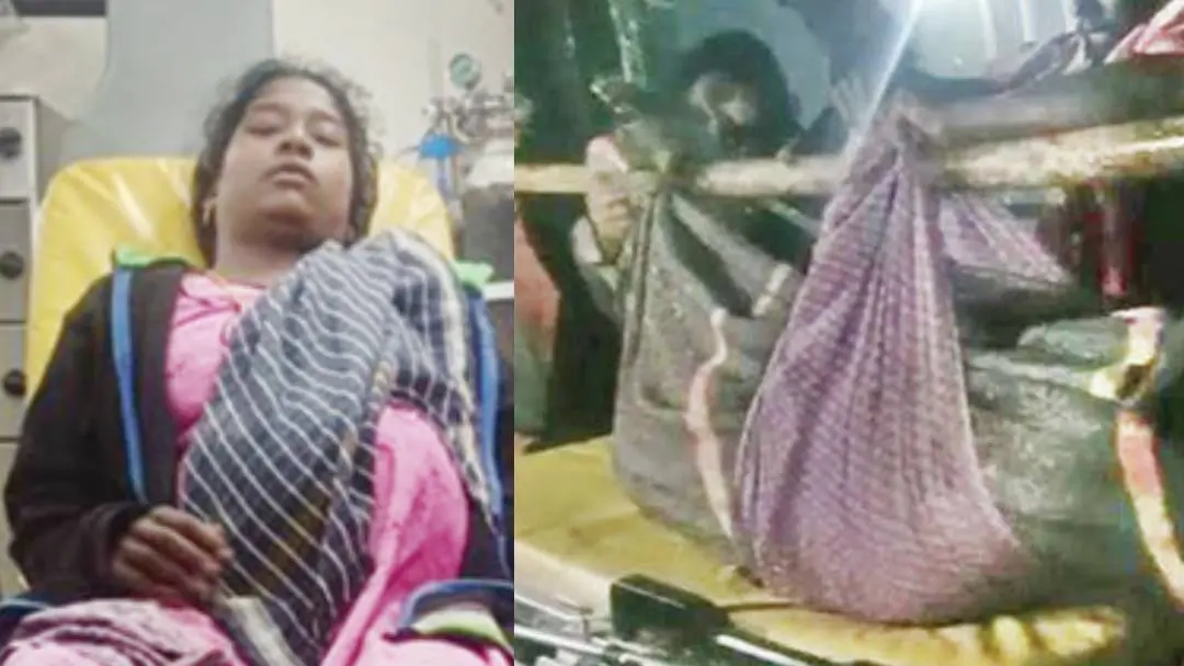 Sumathi Murukan, relatives carrying her to hospital in a makeshift stretcher