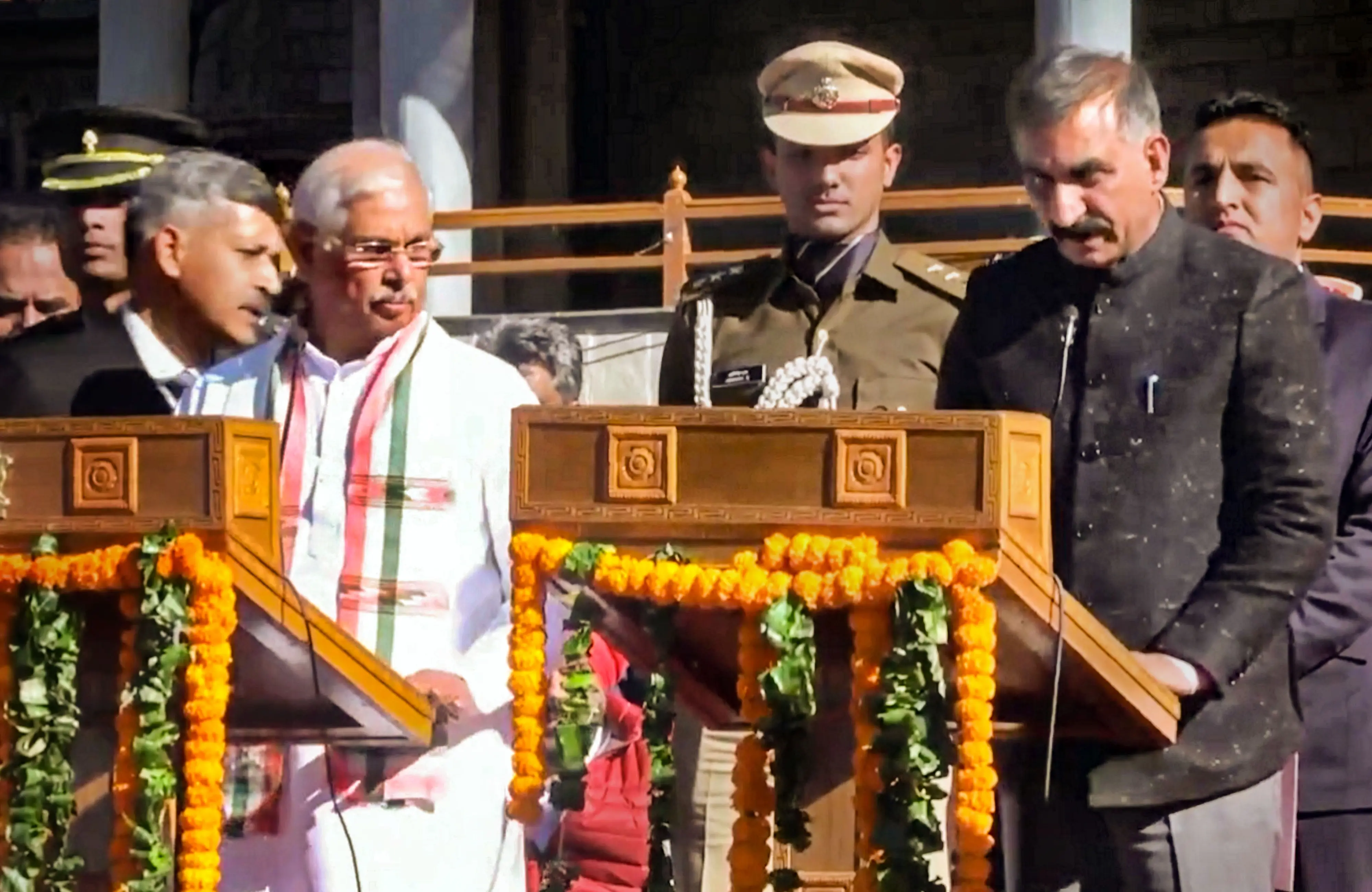 Congress leader Sukhwinder Singh Sukhu being sworn-in as Himachal Pradesh Chief Minister by Governor Rajendra Arlekar at a ceremony, in Shimla. Photo: PTI