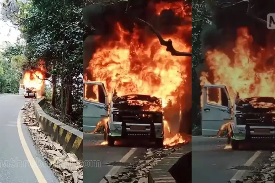 Moving tempo traveller catches fire at Thamarassery ghat road