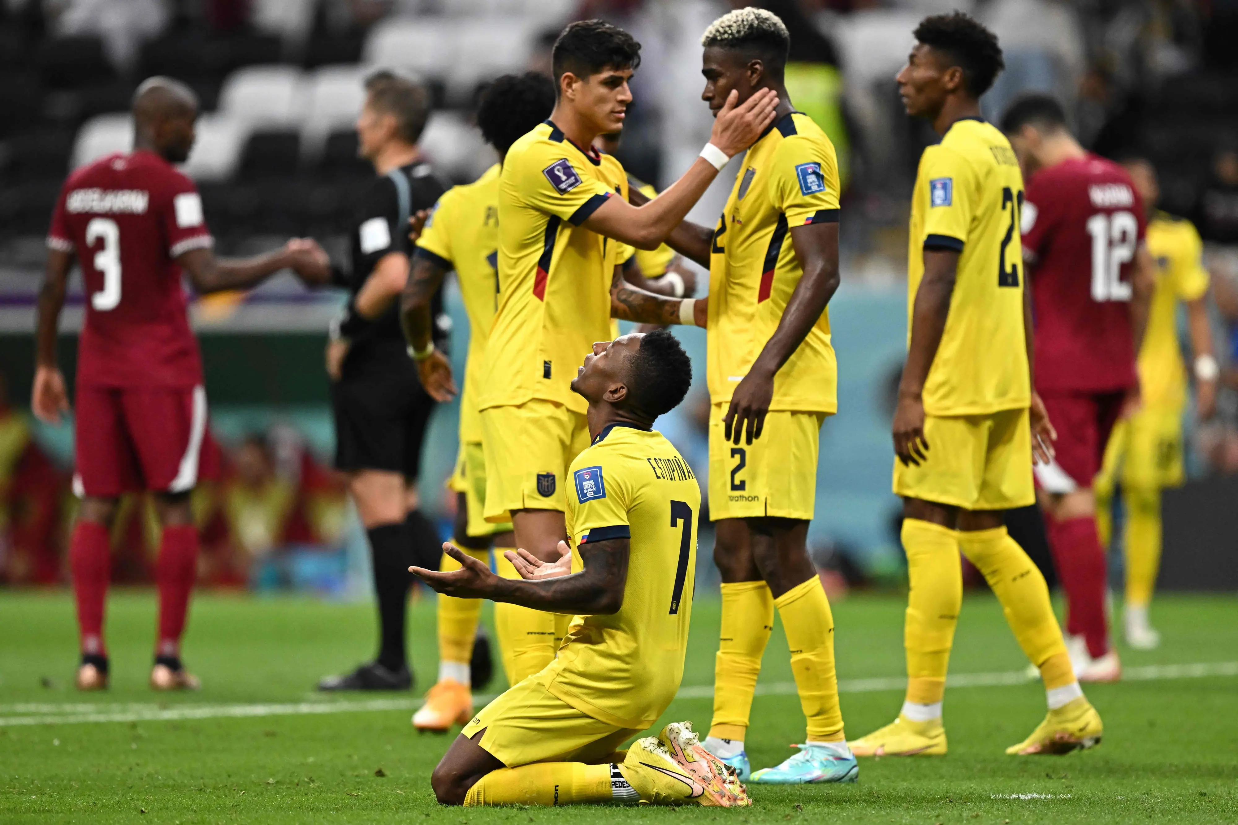Ecuador players celebrate after they won the Qatar 2022 World Cup Group A football match against Qatar | AFP