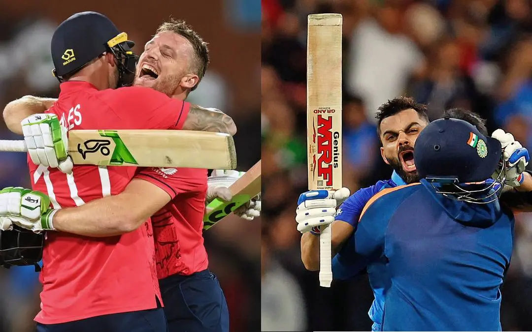 England's Jos Buttler and Alex Hales celebrate after beating India by 10 wickets during the Semi-Final; Virat Kohli celebrates after beating Pakistan by 4 wickets | Photos: ANI