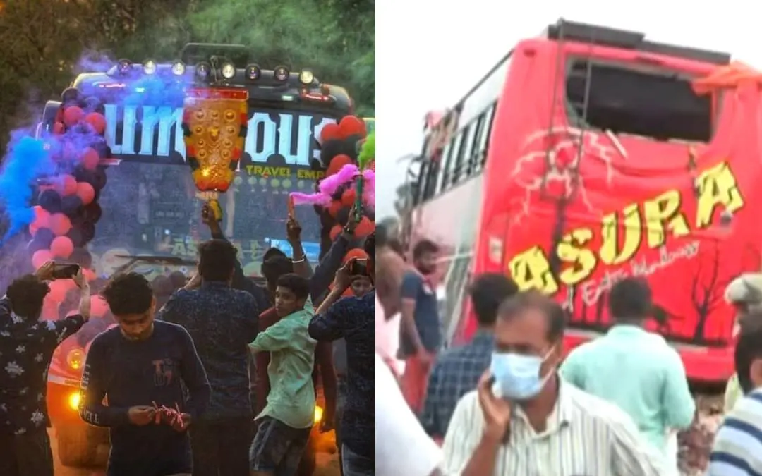 Luminous bus; screenshot form the visuals of accident | Source: Instagram/private_and_tourist_bus_kerala and Mathrubhumi News