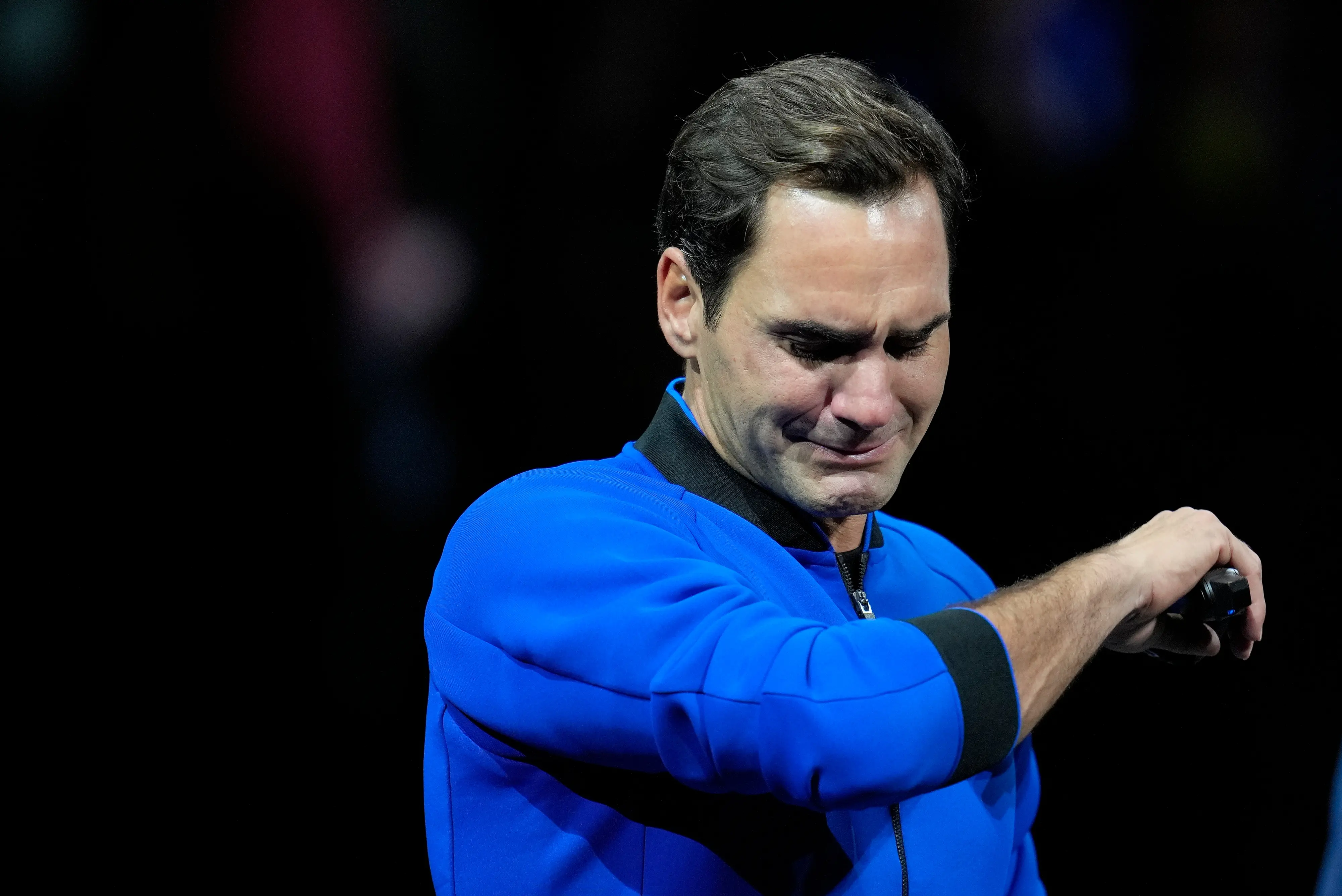 An emotional Roger Federer of Team Europe after playing with Rafael Nadal in a Laver Cup doubles match | Photo: AP