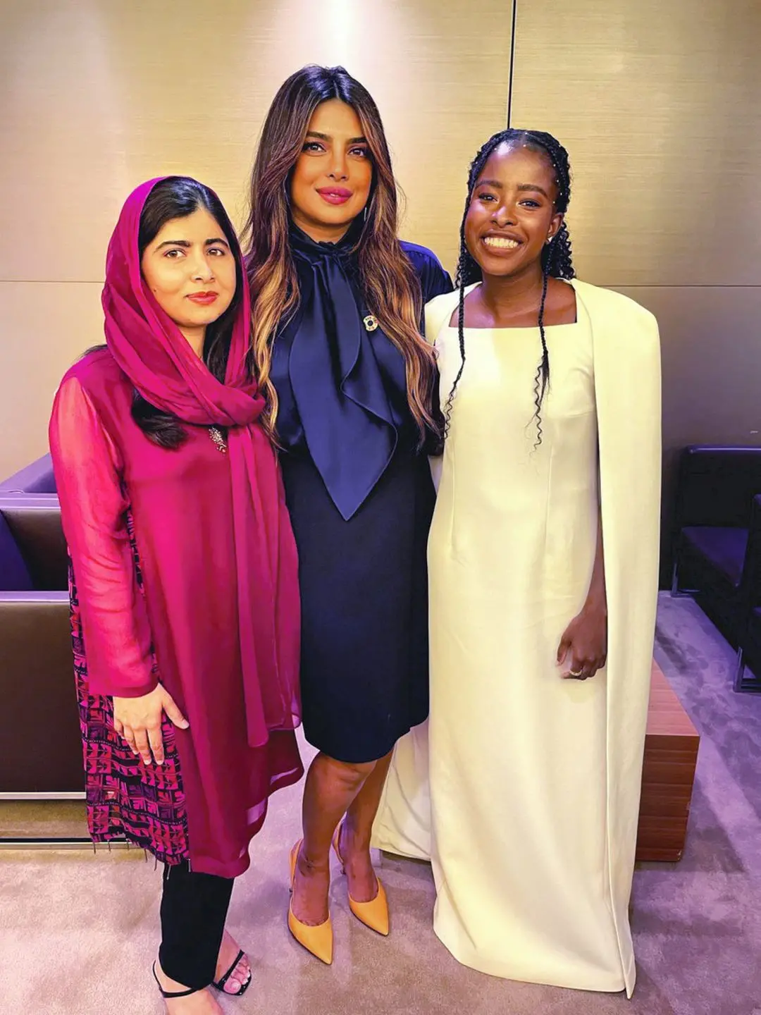 Priyanka Chopra with Nobel laureate Malala Yousafzai and UNICEF supporter Amanda Gorman . Photo: PTI