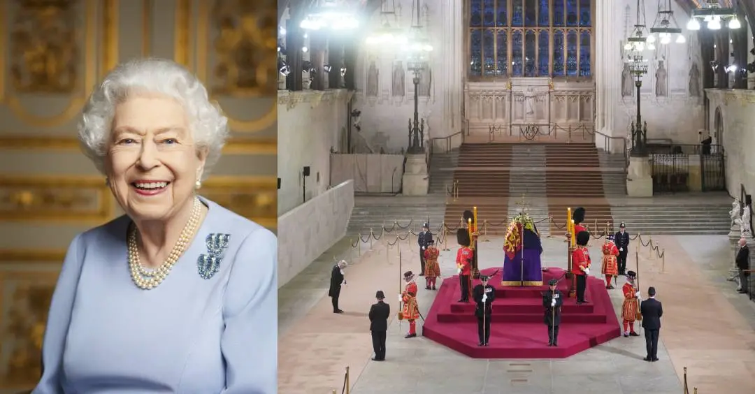 Queen Elizabeth II (left), coffin of the queen (right). Photo: AFP