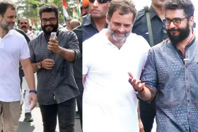 Rahul Gandhi interacts with actor Vinu Mohan in Alappuzha