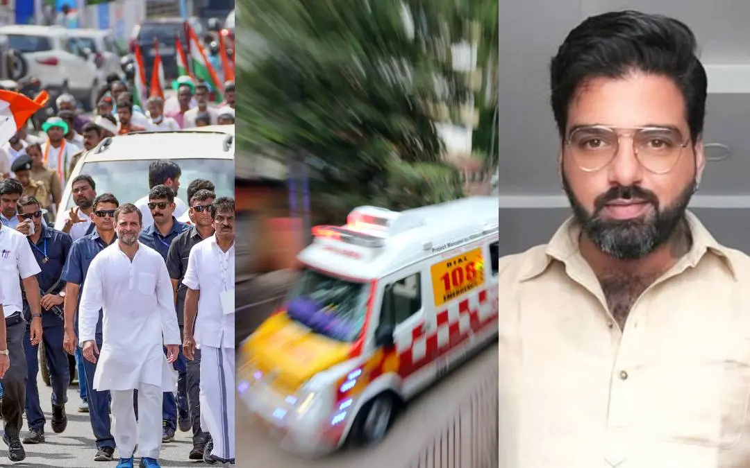 A collage of a scene from Bharat Jodo Yatra, 108 ambulance service and a picture of Gaurav Pandhi