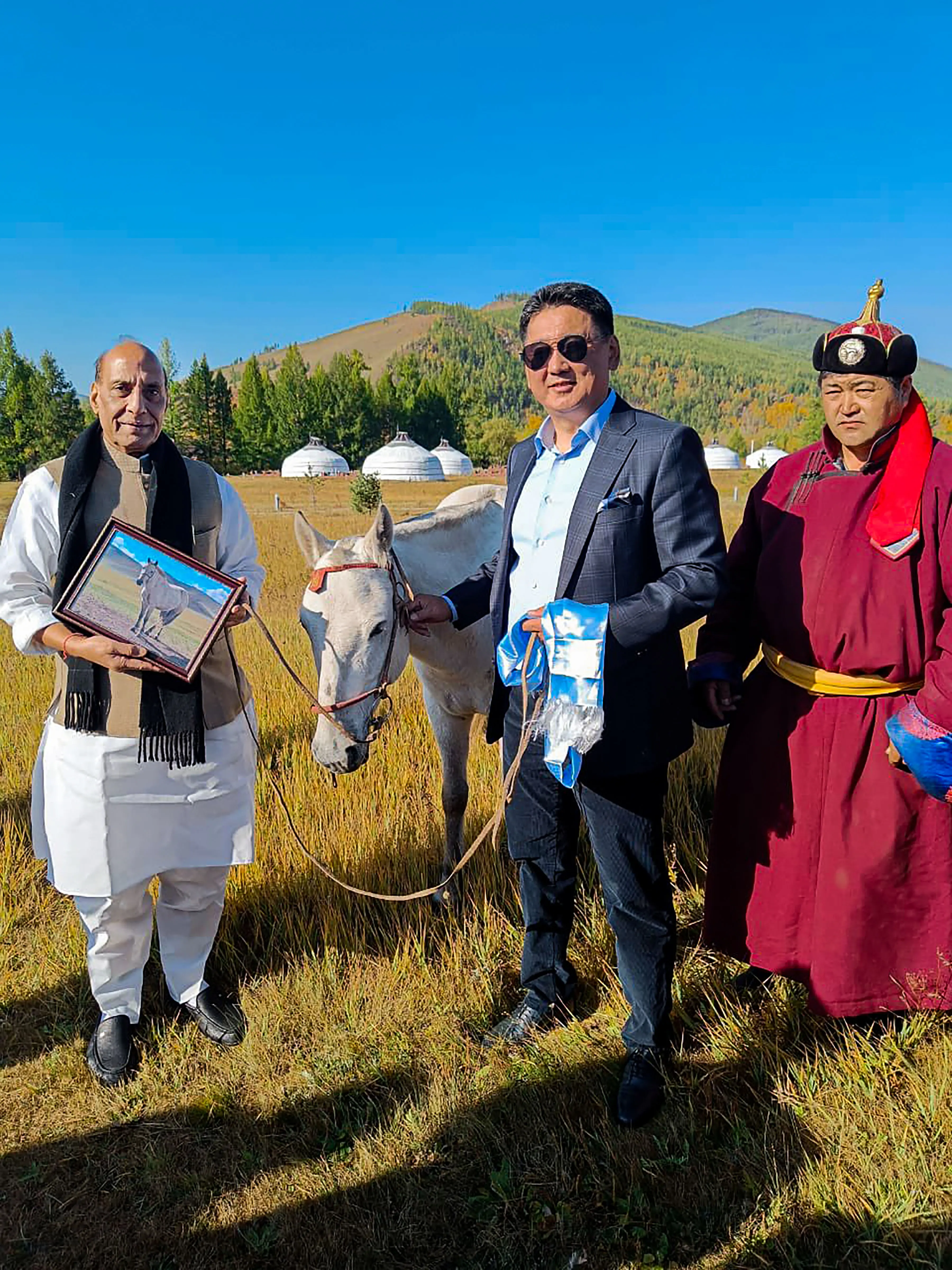 Defence Minister Rajnath Singh being gifted a majestic horse by Mongolian President U. Khurelsukh | Photo: PTI