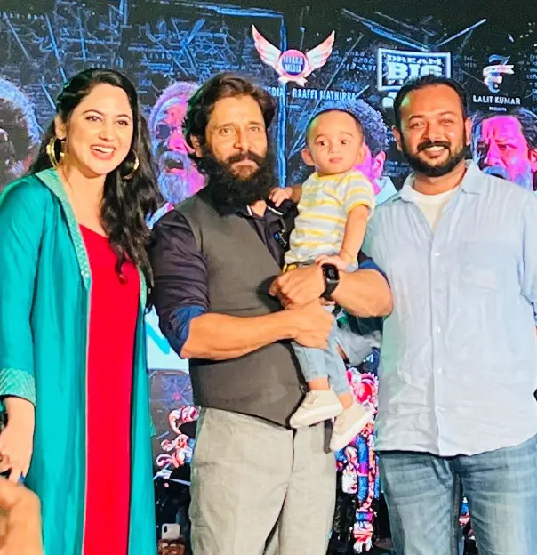 Actor Vikram with actress Miya and her family during the promotions of 'Cobra' in Kochi