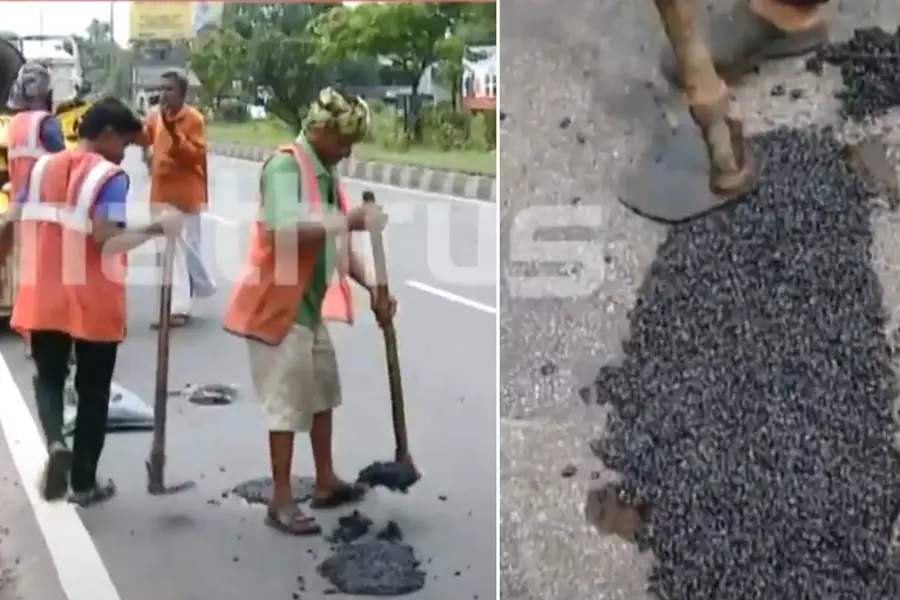 Workers fill potholes with pre-packed asphalt; HC directs collectors to file report