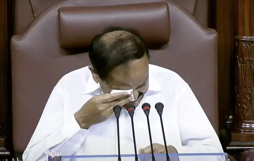 Rajya Sabha Chairman and Vice President M Venkaiah Naidu gets emotional after listening to several MPs including Prime Minister Narendra Modi's farewell messages during the Monsoon Session of Parliament, in New Delhi on Monday | Photo: ANI