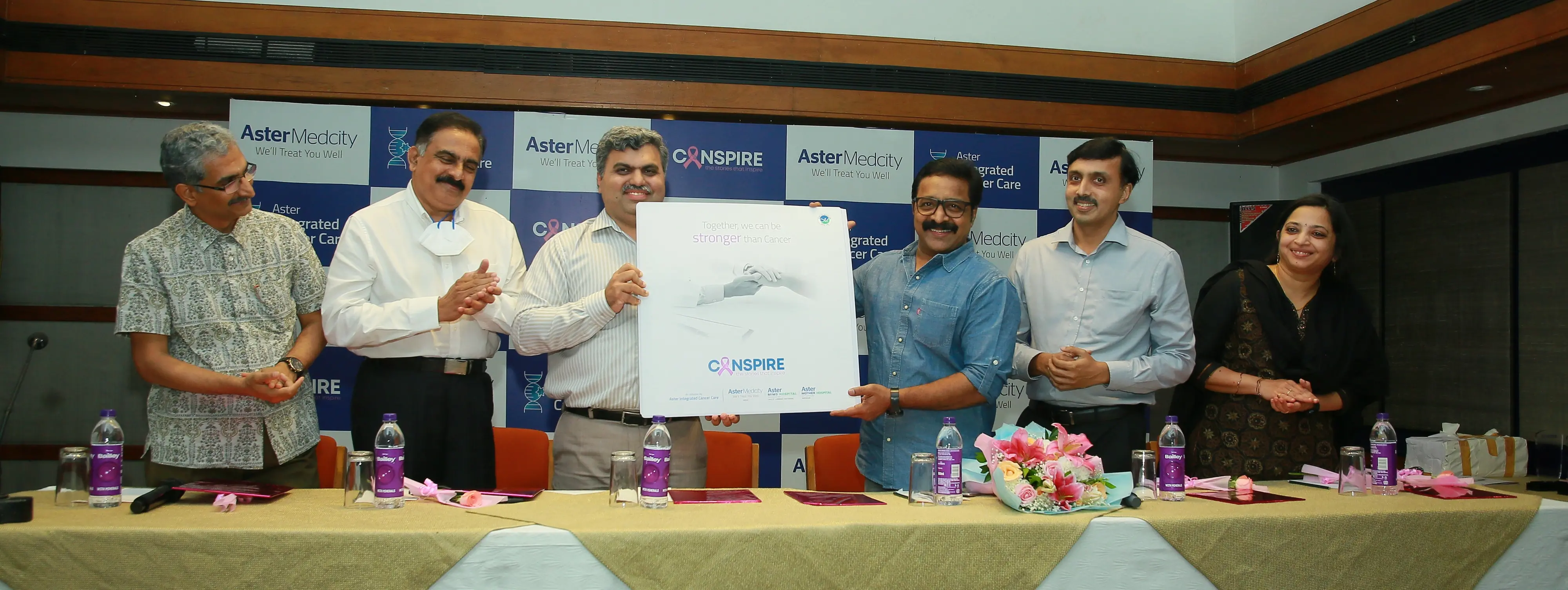 Dr Ramaswamy, Senior Consultant, Hemato Oncologist Aster Medcity, Dr Jem Kalathil, Senior Consultant, Onco Surgery Aster Medcity, Farhan Yasin, Regional Director, Aster Hospitals - Kerala and Oman, Renji Paniker,Dr. Arun R Warrier, Senior Consultant Medical Oncology, Aster Medcity, Dr. Durga Poorna, Consultant Radiation Oncologist, Aster Medcity Kochi.