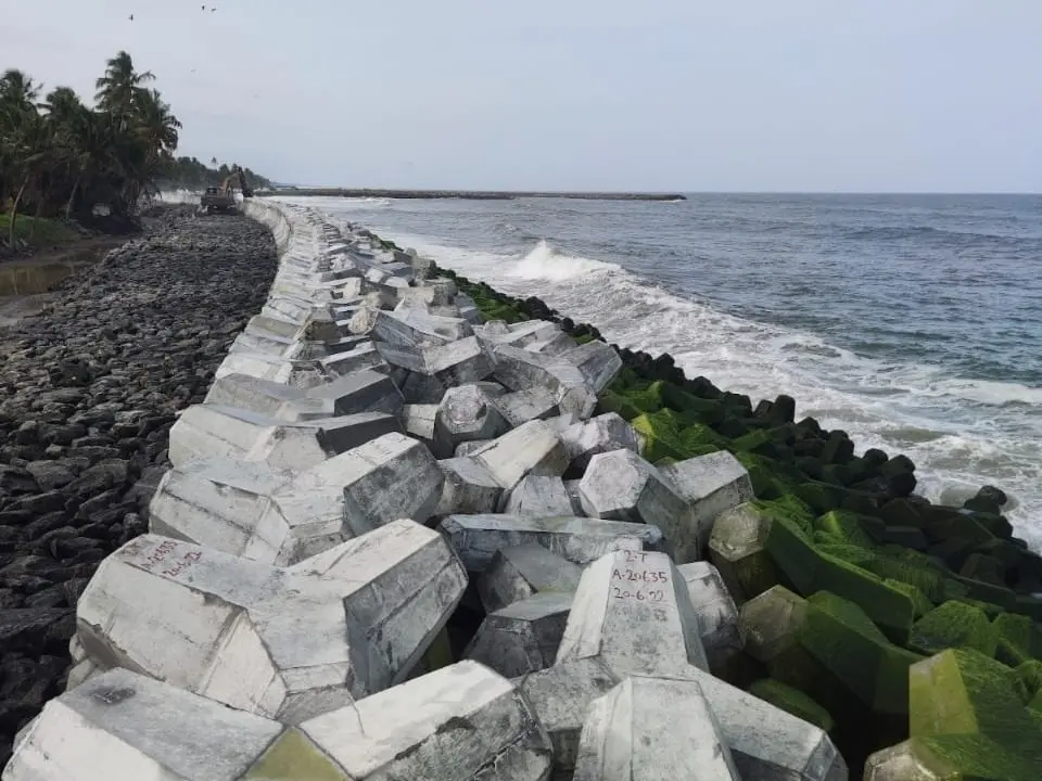 Newly installed tetrapod seawall in Chellanam
