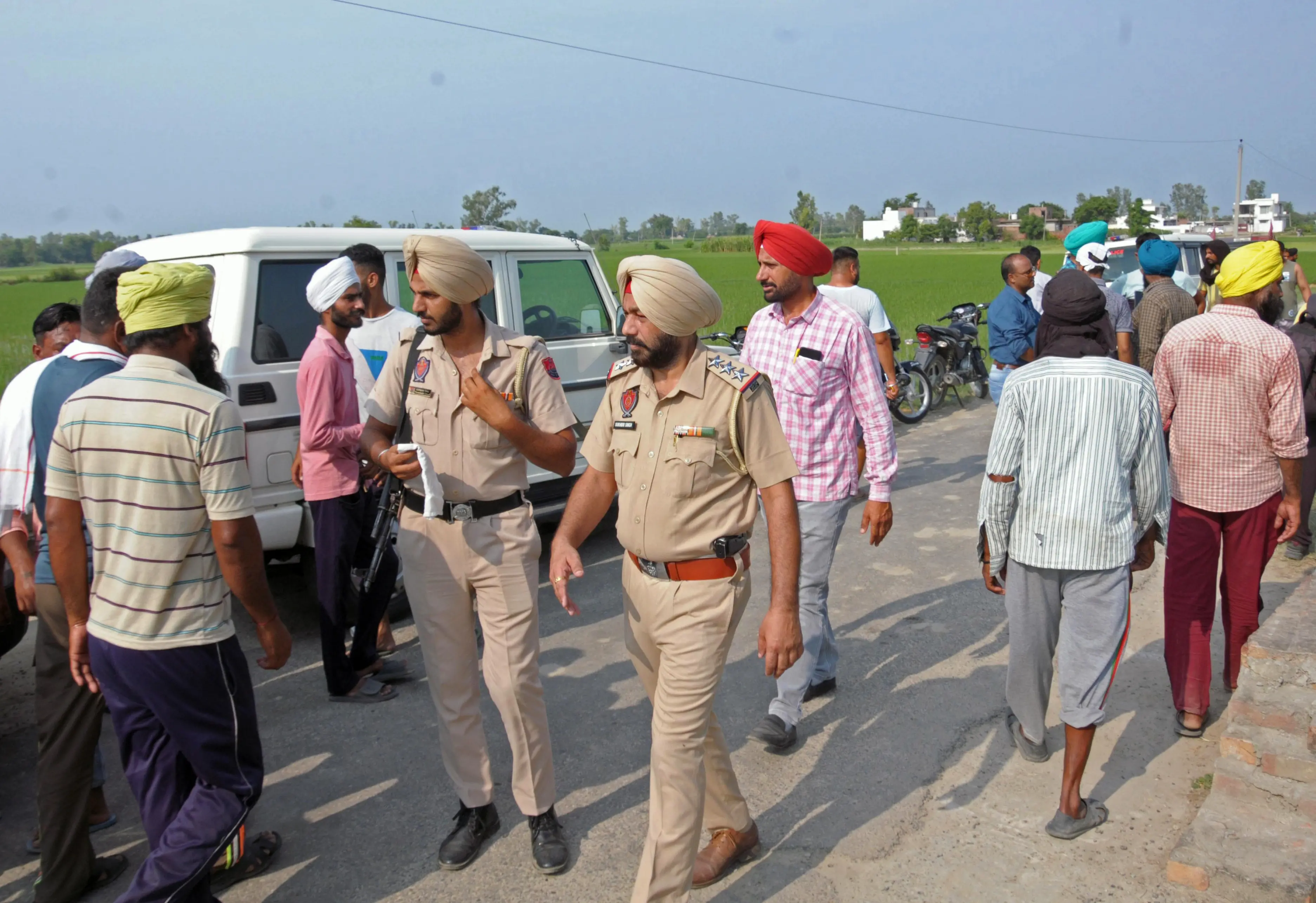Punjab Police personnel at the site where two suspected killers of singer Sidhu Moosewala killed. Photo: ANI