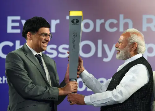 Viswanathan Anand(L) with PM Narendra Modi during launch of the torch relay for the 44th Chess Olympiad | ANI