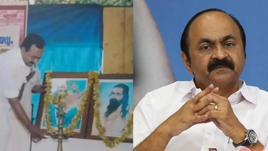 VD Satheesan lighting lamp in front of Galwalkar's photo