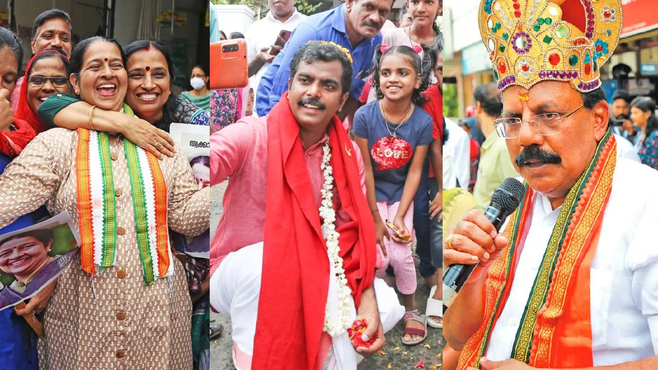 UDF candidate Uma Thomas, LDF candidate Jo Joseph and NDA candidate AN Radhakrishnan | Photo: Mathrubhumi
