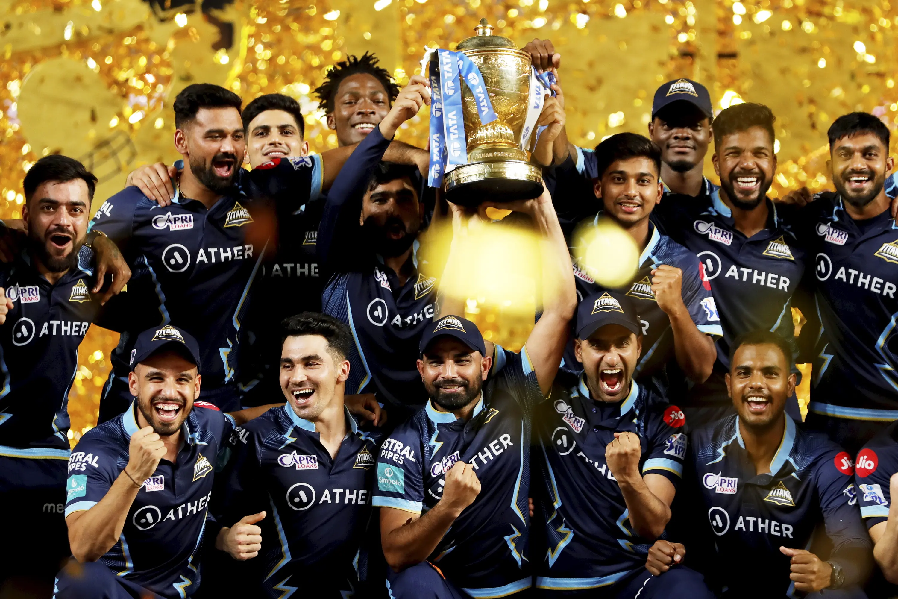 Gujarat Titans players with the IPL trophy after winning the final T20 cricket match of the Indian Premier League 2022 | Photo: PTI