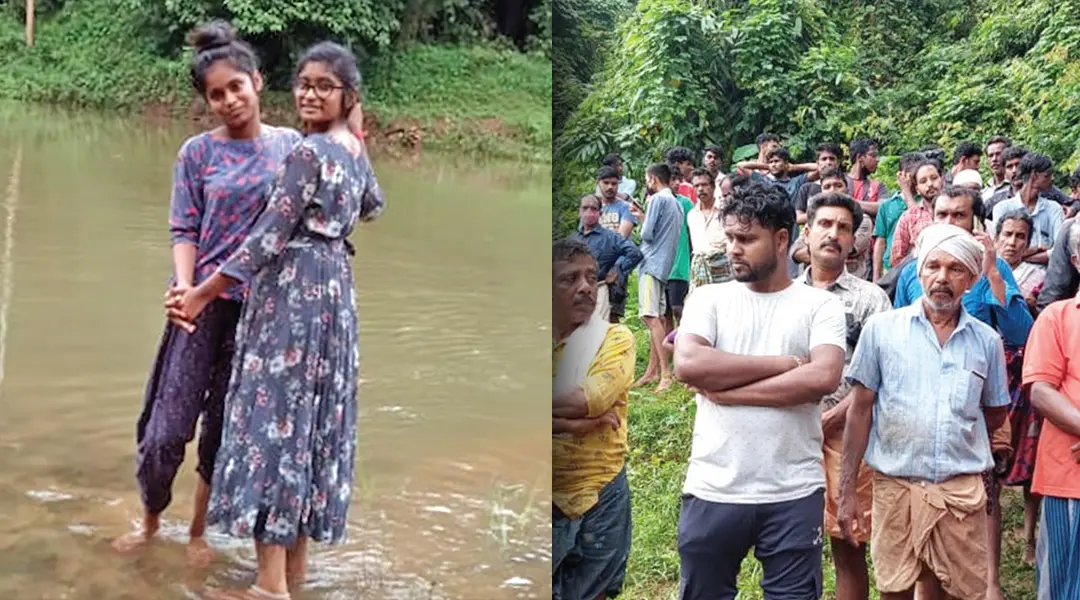 Aparna and Anugraha (picture taken just before the mishap), locals crowded at the spot | Photo: Mathrubhumi