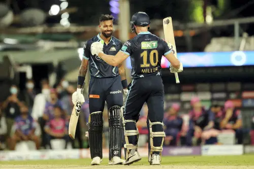 David Miller and Hardik Pandya of Gujarat Titans celebrate their win | PTI