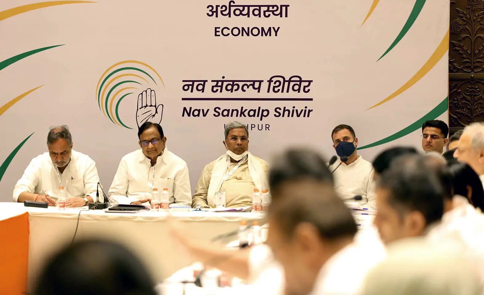 Congress leaders Anand Sharma, P. Chidambaram, Rahul Gandhi, and Siddaramaiah during a committee meeting, in Udaipur on Friday | Photo: ANI