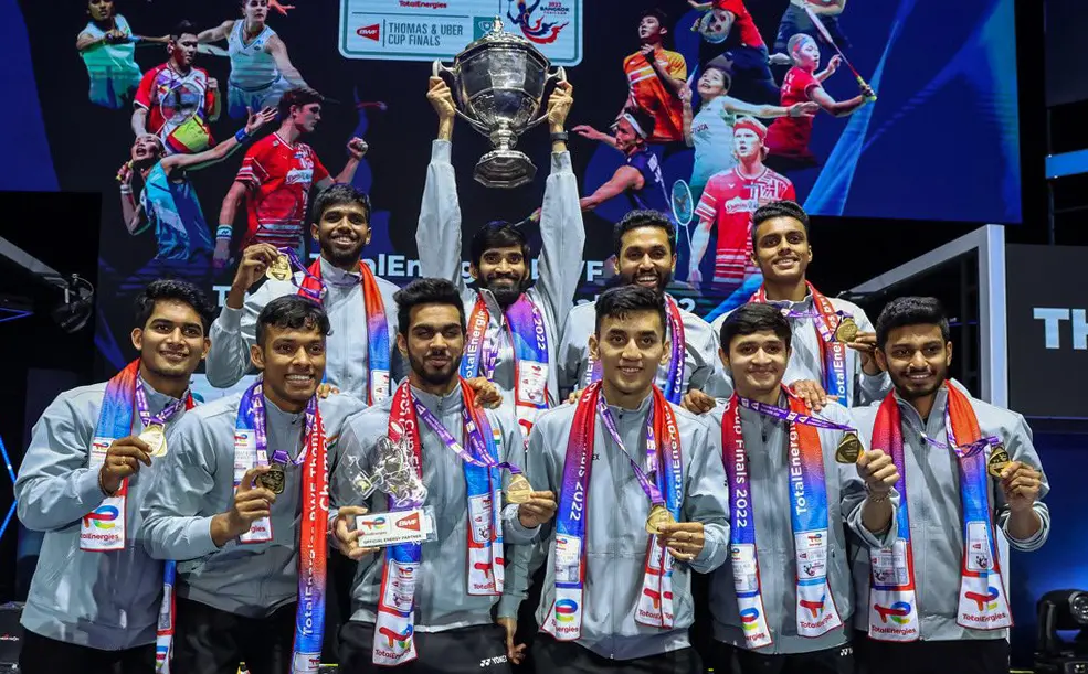 Indian badminton team celebrate after wining Thomas Cup. Photo:ANI