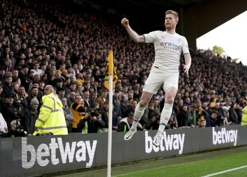 De Bruyne celebrates after scoring | AP