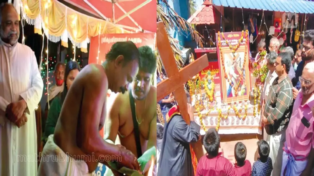 The vicar and others from the church welcoming the 'Pallivetta' procession by lighting a lamp in front of Lord Sree Krishna's idol (left), The temple committee members welcoming the Way of the Cross by lighting candles in front of the picture of Jesus Christ
