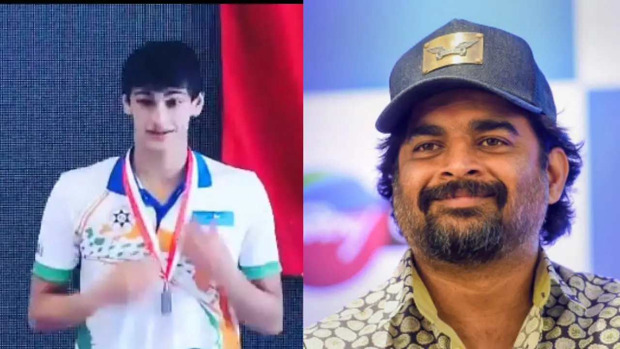 Vedaant Madhavan and actor Madhavan | Photos: Screengrab, PTI
