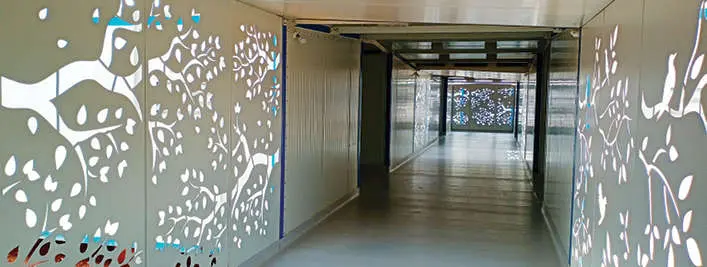 The deserted artistic corridor of the Tata Trust Govt Covid Hospital