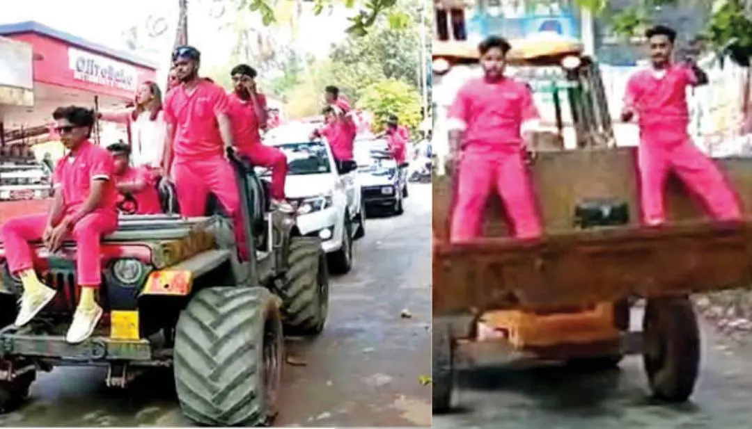 രൂപമാറ്റം വരുത്തിയ വാഹനത്തിലും മണ്ണുമാന്ത്രി യന്ത്രത്തിലും വിദ്യാര്ഥികള് നടത്തിയ റോഡ് ഷോ