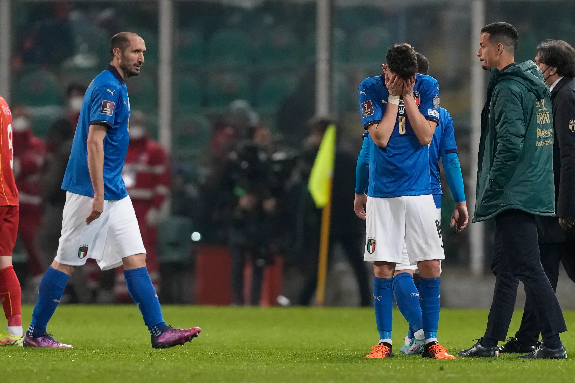 Italy's Jorginho, right, cries as his teammate walks after their team's got eliminated in the World Cup qualifying play-offsoccer match between Italy and North Macedonia, at Renzo Barbera stadium, in Palermo | Photo: AP
