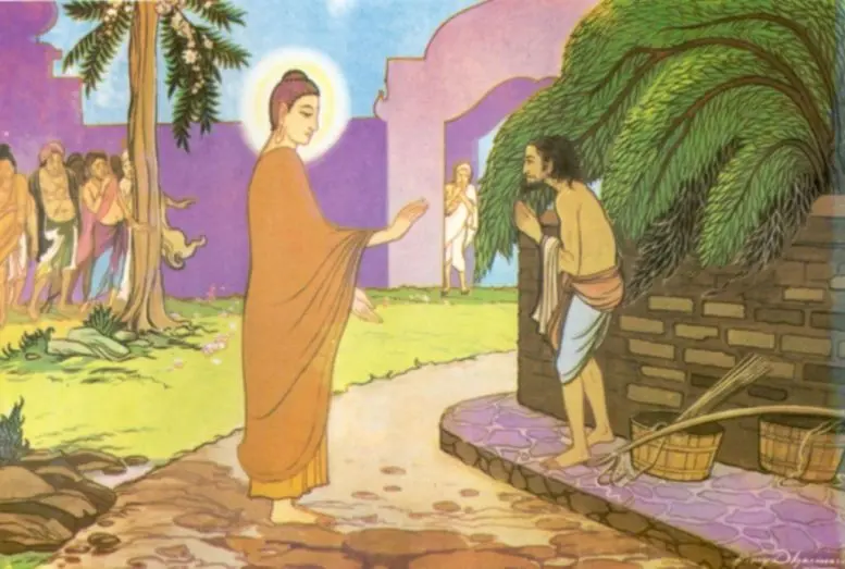 Buddha accepting a request for ordination from the Untouchable, Sunita. Photo: Buddhism in Pictures, The Buddhist Information Center, Sri Lanka