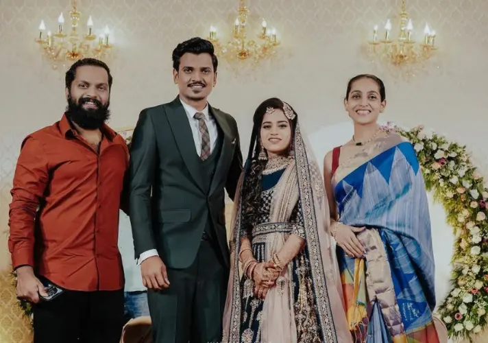 Actor Lukman and his bride Jumaima with actor Balu Varghese and his wife actress Aileena. Photo: Instagram/Balu Varghese