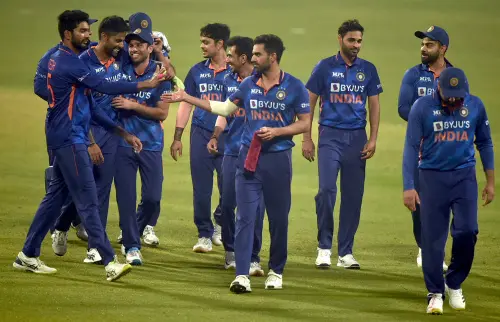 Indian cricketers celebrate at the end of 2nd T20 cricket match against West Indies