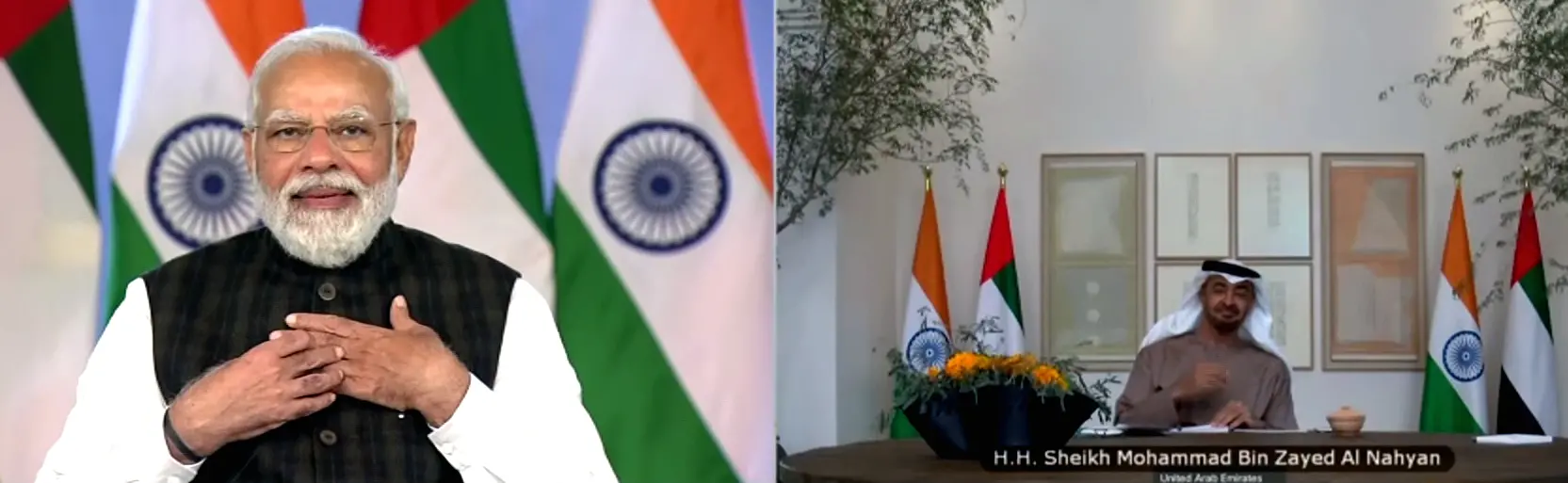 Prime Minister Narendra Modi and Abu Dhabi Crown Prince Sheikh Mohammed Bin Zayed Al Nahyan at India-UAE virtual summit. Photo: ANI