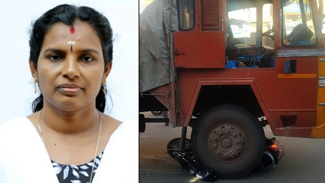 PG Ambili (left), scooter run over by lorry (right)